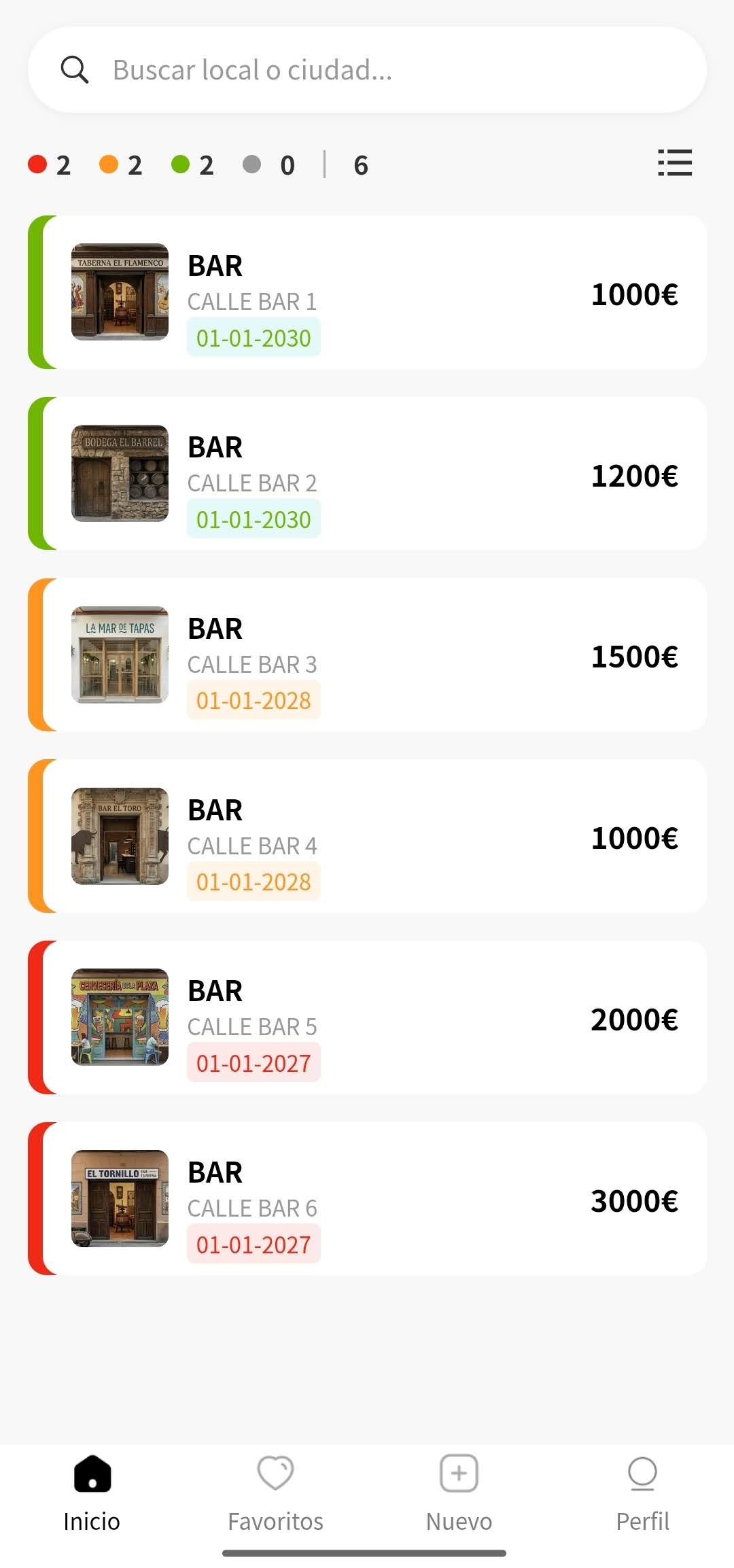 Vista de la app ZIMOONE con locales, fechas y condiciones